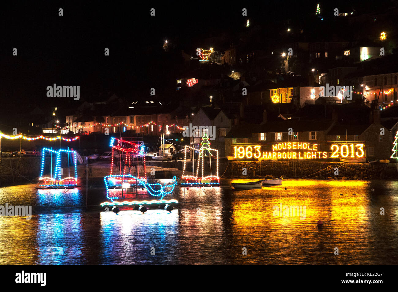 christmas lights around the harbour at mousehole in cornwall, england, britain, uk, Stock Photo
