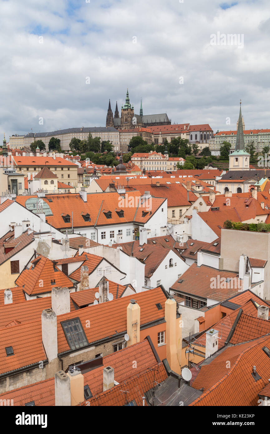 View of old buildings from above and Prague (Hradcany) Castle at the Mala Strana District (Lesser Town) in Prague, Czech Republic. Stock Photo