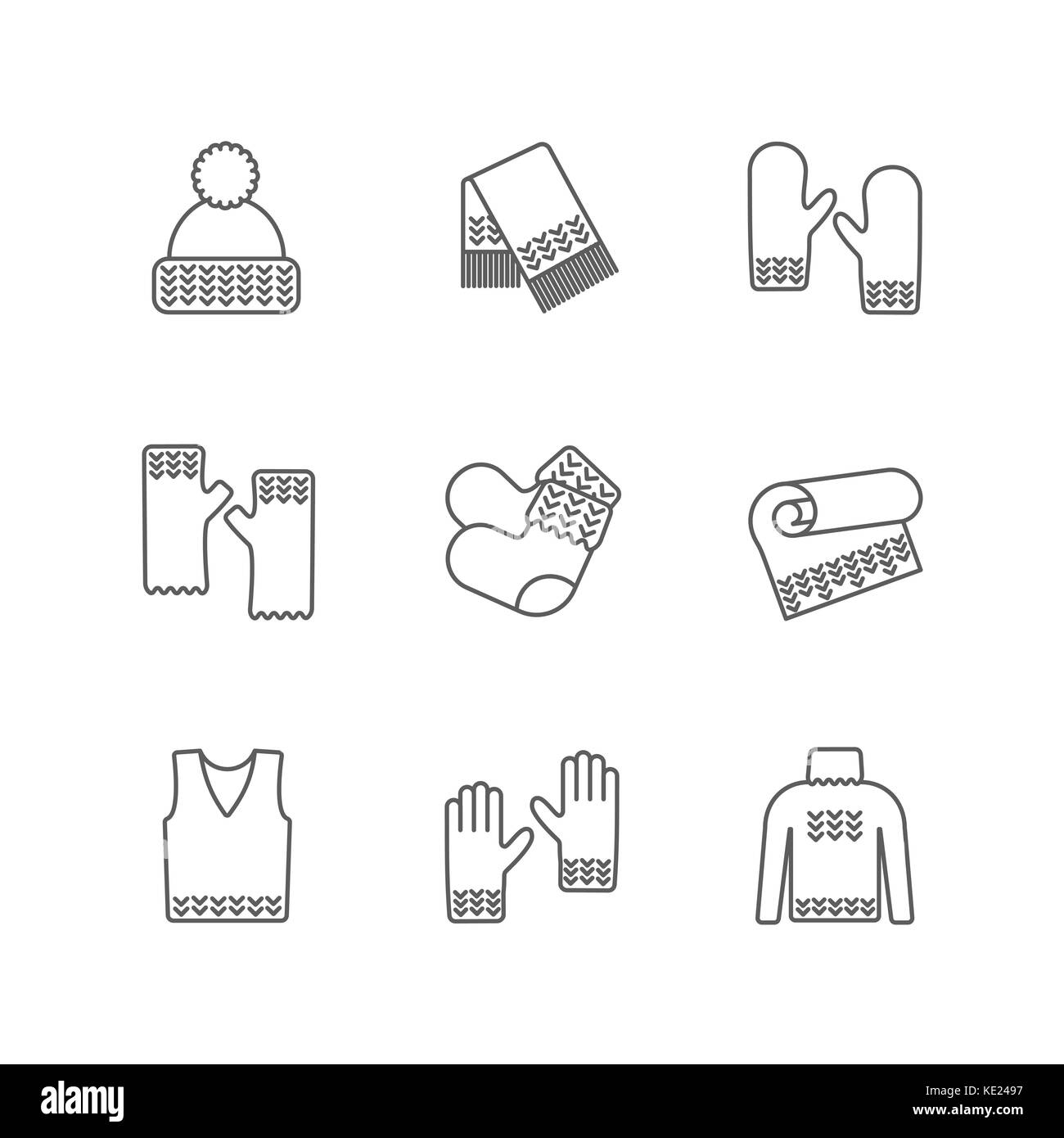 Knit winter clothes icon set. Knitting clothes, knitted samples thin line warm woolen things. Hat, scarf, mittens, waistcoat, plaid and other hand-knitted garments Stock Vector