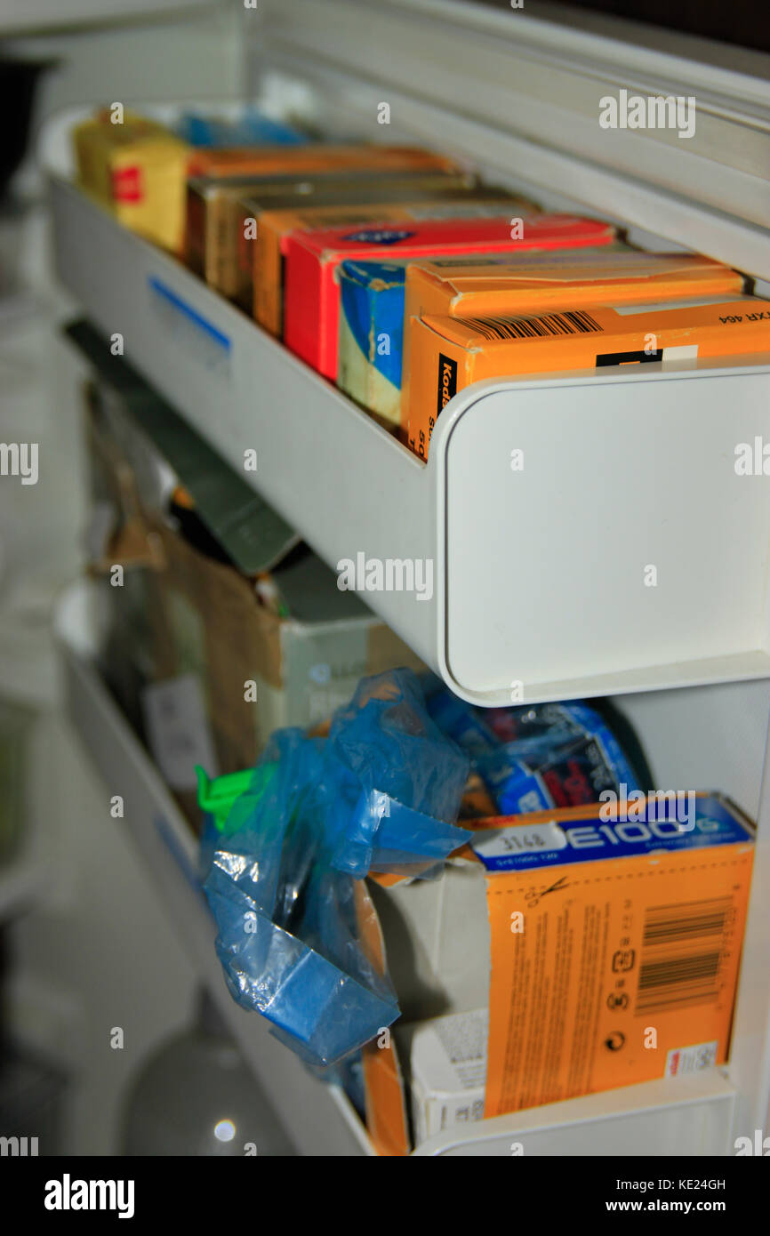 Fridge refrigerator full of film for analogue cine art photography