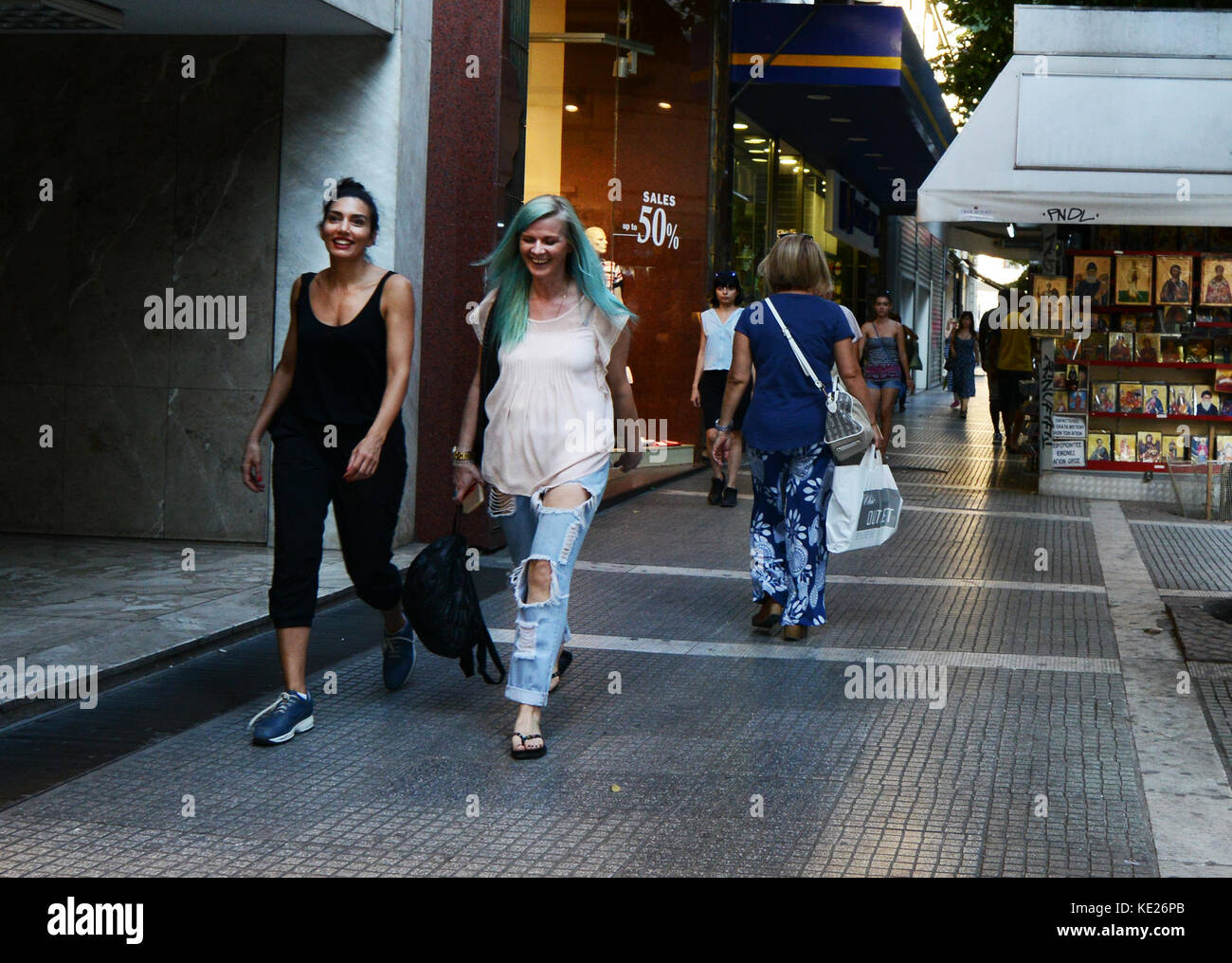 The busy Aristotelous pedestrian street in Thessaloniki's city center. Stock Photo