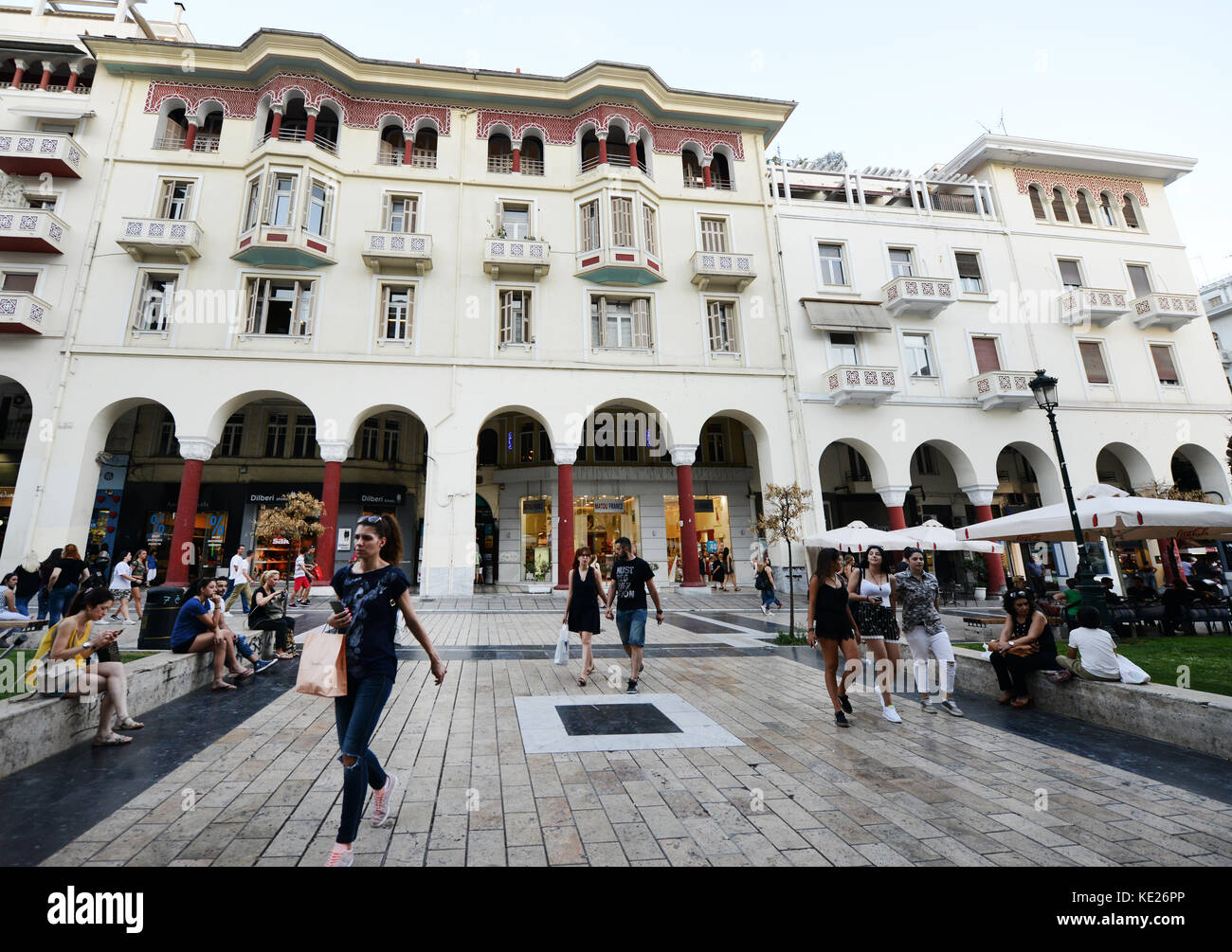 The busy Aristotelous pedestrian street in Thessaloniki's city center. Stock Photo