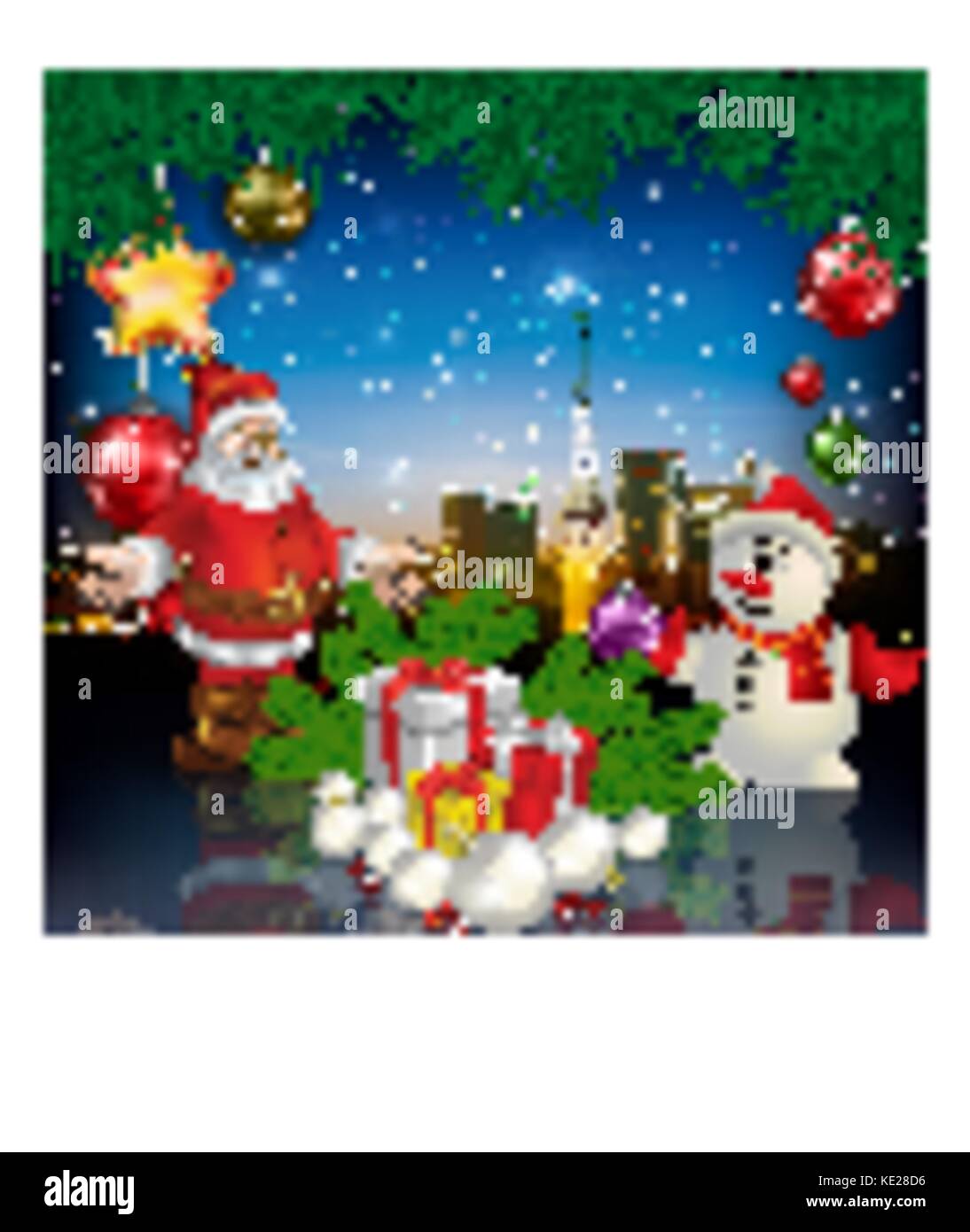 celebration greeting with panorama of city Santa Claus snowman and ...