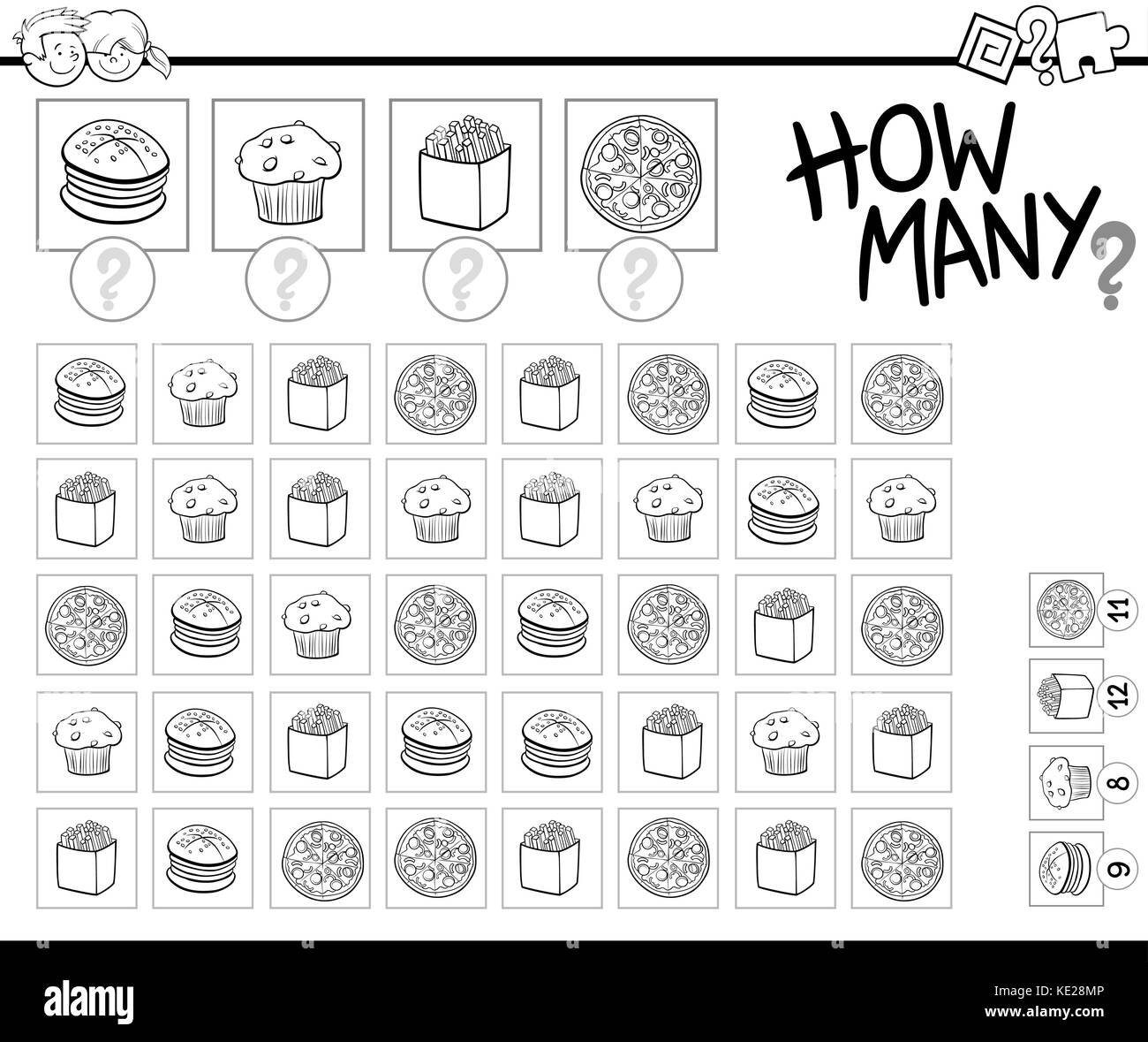 Black and White Cartoon Illustration of Educational How Many Counting Game for Children with Food Objects Coloring Book Stock Vector