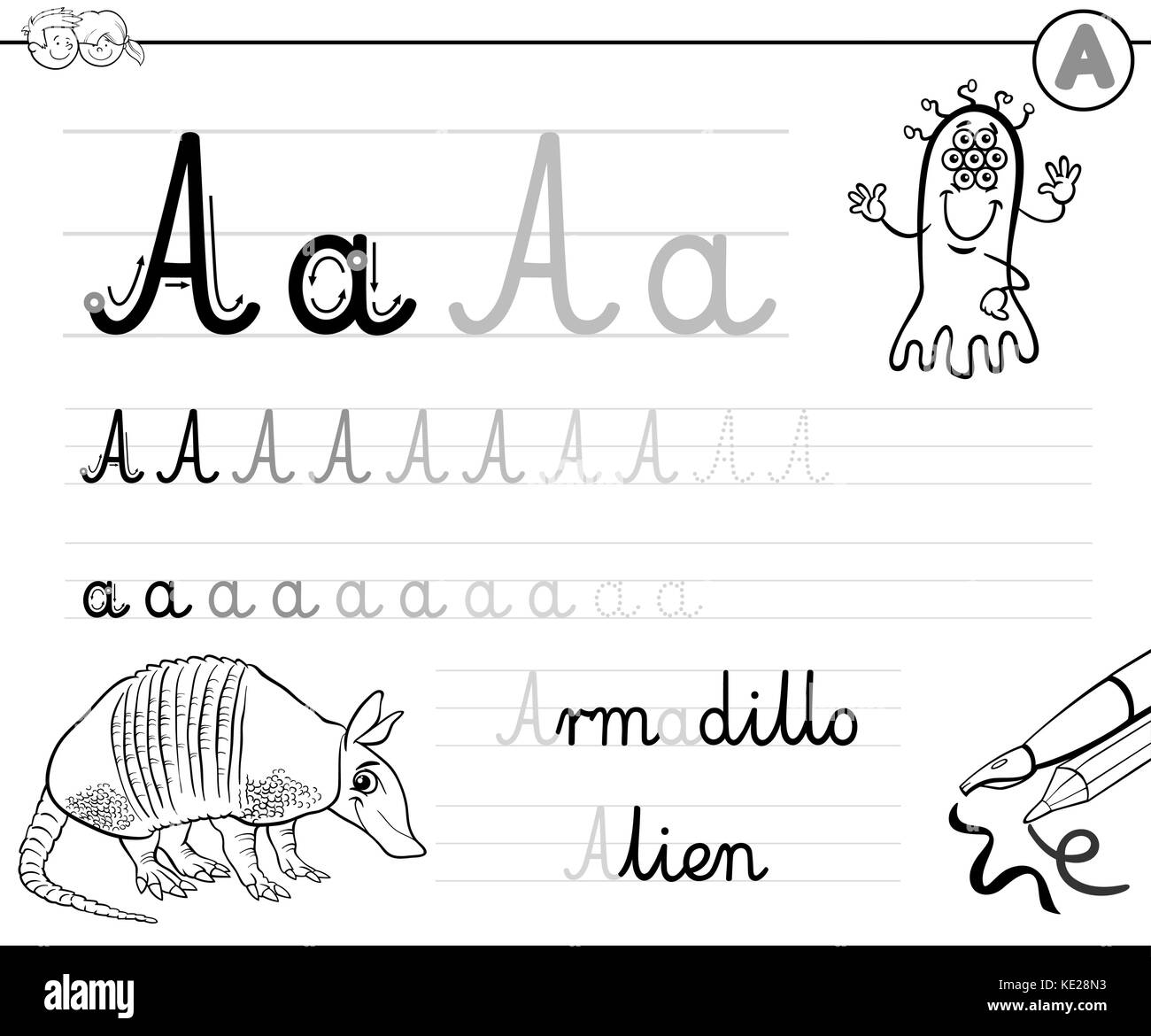 Black and White Cartoon Illustration of Writing Skills Practice with Letter  A Worksheet for Preschool and Elementary Age Children Coloring Book Stock  Vector Image & Art - Alamy