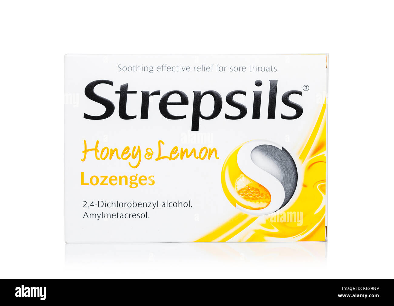 LONDON,UK - SEPTEMBER 24, 2017: Pack of Lozenges Strepsils Honey & Lemon on white background Stock Photo
