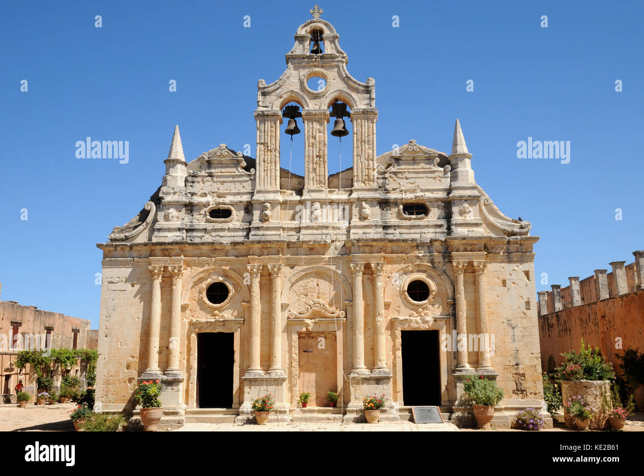 The church at the Monastry of Arkadi, dedicated to the Transfigeration of Christ and St Constantine and St Helen. it dates from 1587. Stock Photo