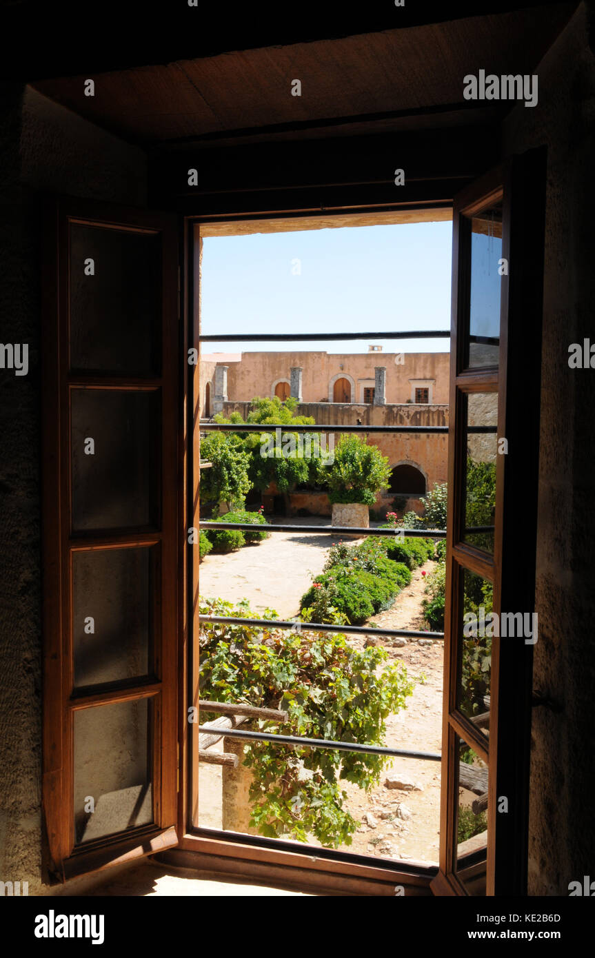 View from a monks cell window into the central courtyard at the Holy Monastery of Arkadi, Crete. Stock Photo