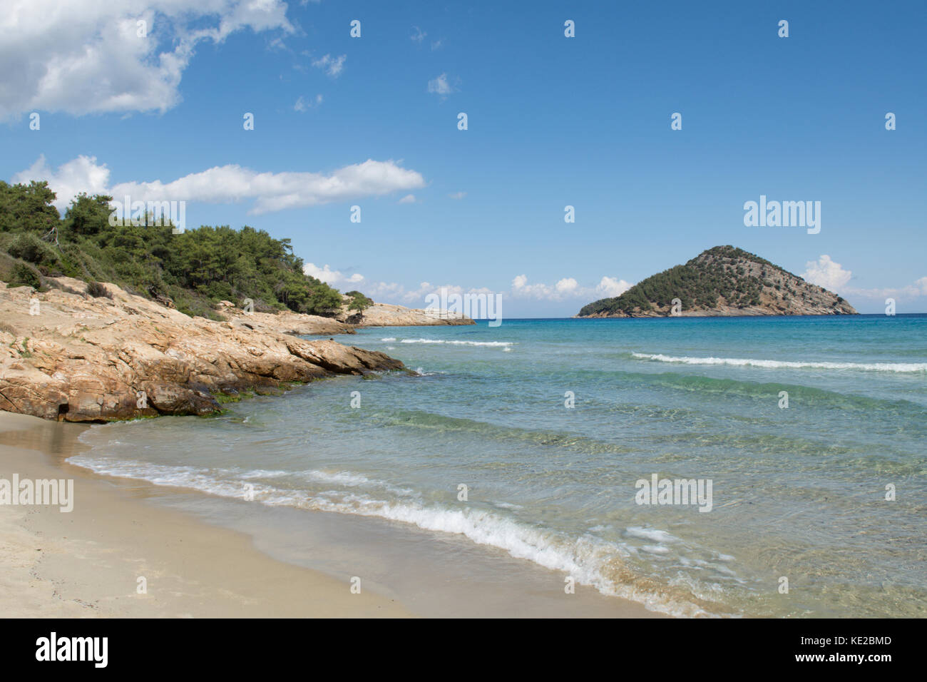 Paradise Beach, with a view to Kinira island, Thassos, Greece, Greek island, September. Stock Photo