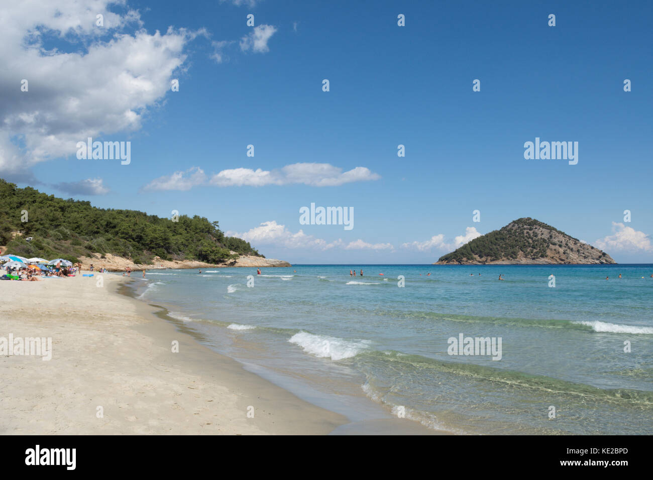 Paradise Beach, with a view to Kinira island, Thassos, Greece, Greek island, September. Stock Photo