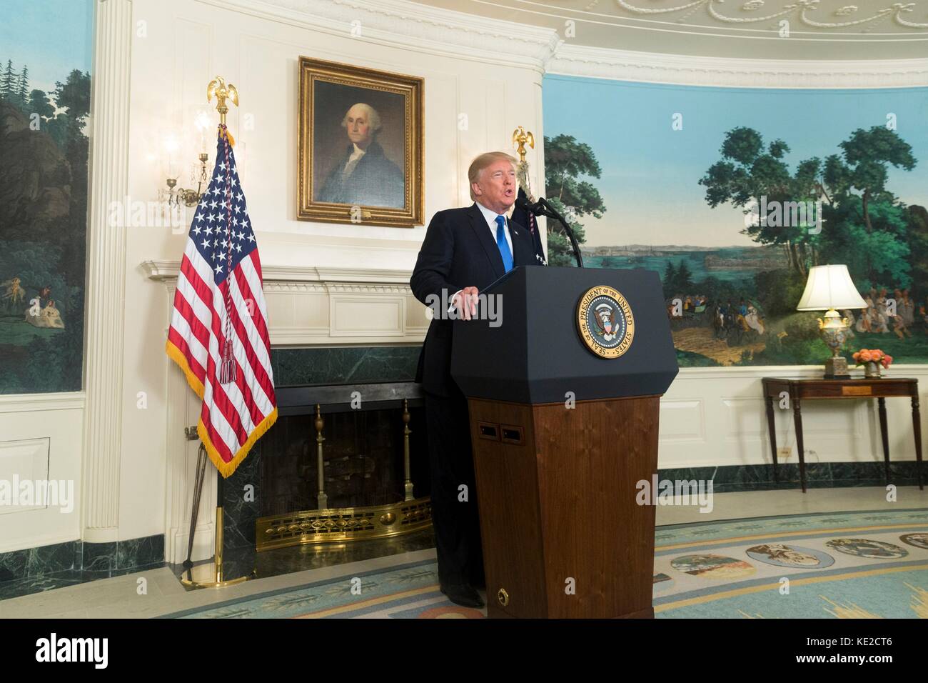 U.S. President Donald Trump delivers remarks on the Iran Strategy in the Diplomatic Reception Room at the White House October 13, 2017 in Washington, D.C. Stock Photo