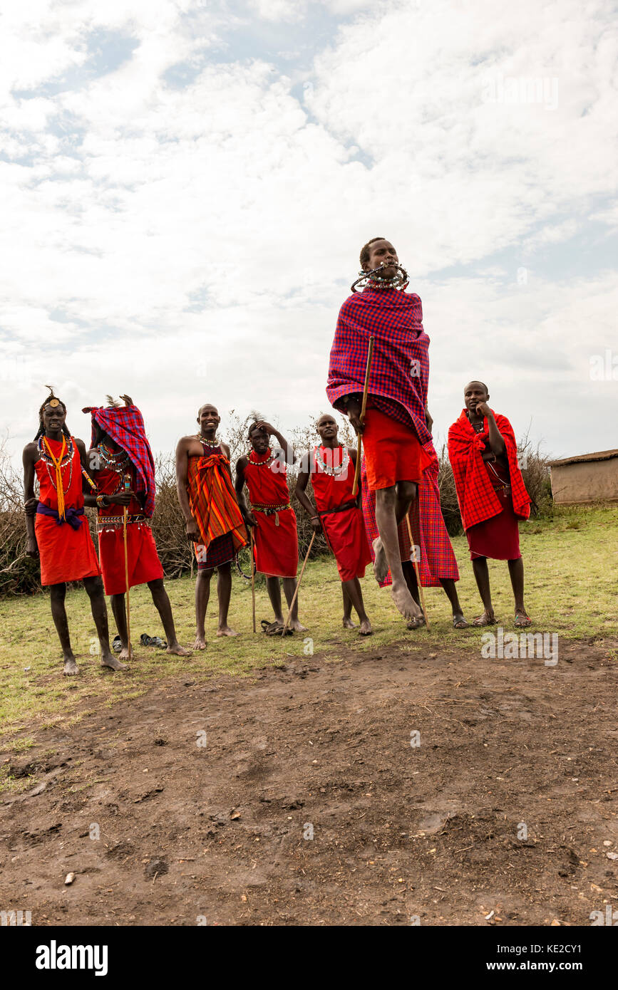 Maasai men dancing and jumping in the Masai Mara, Kenya Stock Photo