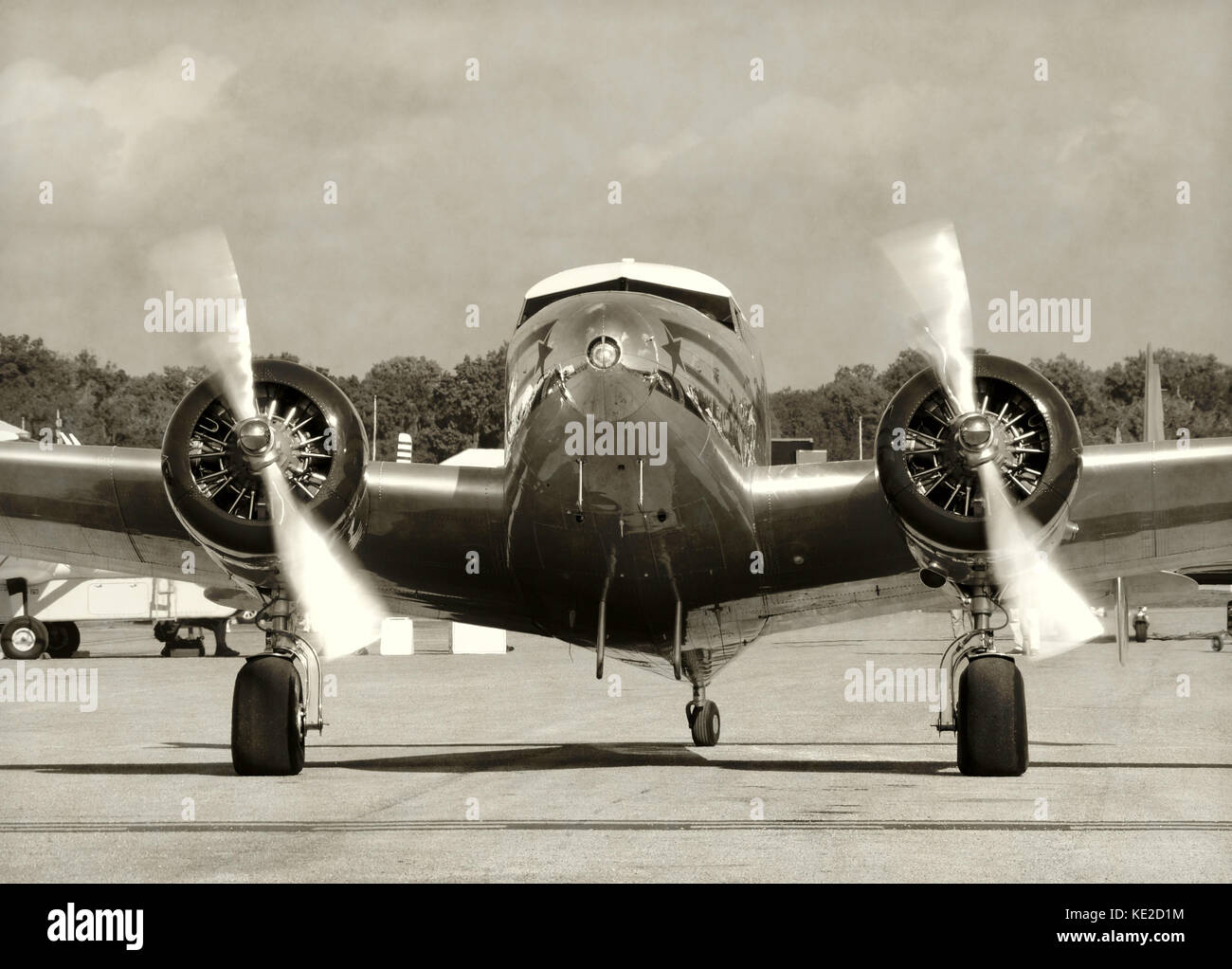 Front view vintage propeller airplane running engines Stock Photo Alamy