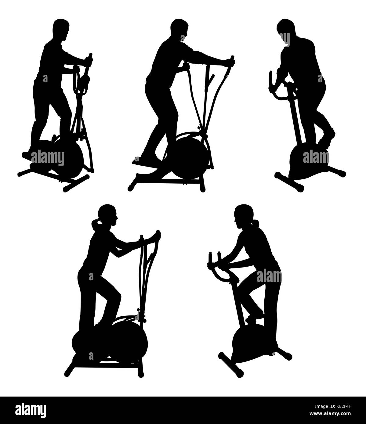 silhouettes of fitness people on gym bike- vector Stock Vector