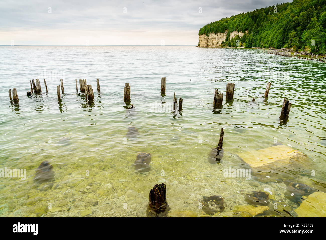 Remnants of docks in Fayette Historic Townsite in Michigan Stock Photo