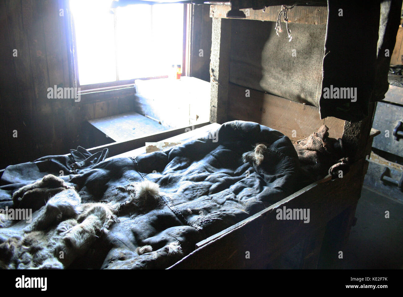 Reindeer skin sleeping bag in a bunk in Captain Scott's hut, McMurdo ...