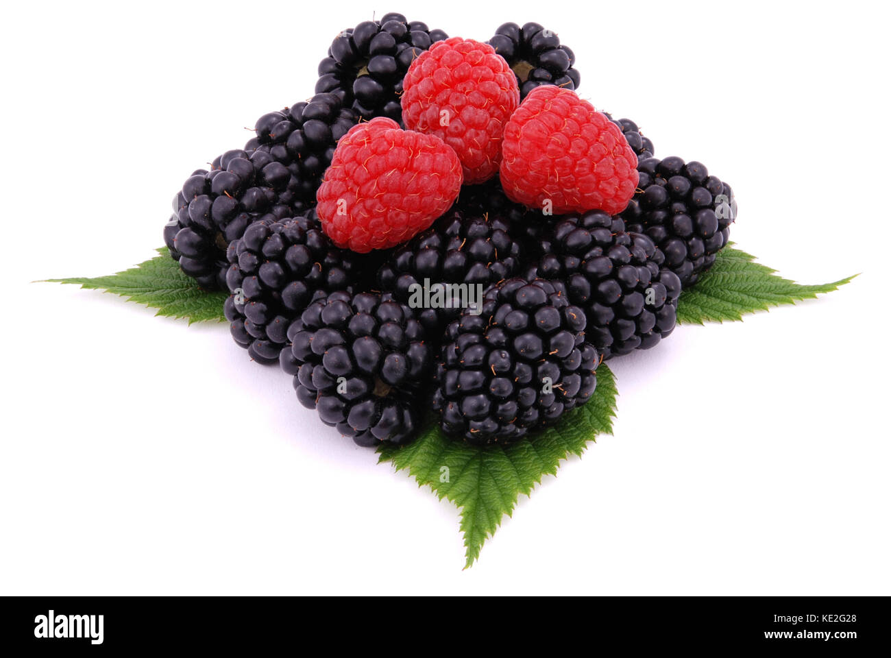 Mer Raspberry Blackberry Raspberries and blackberries on the green leaves. Isolated on white ...