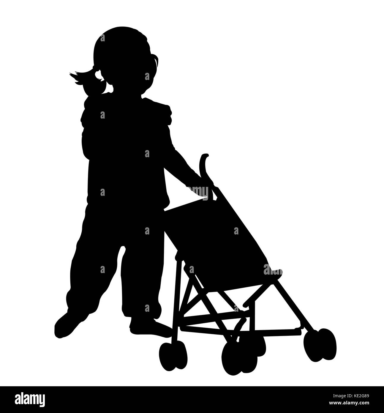 Toddler playing with stroller toy silhouette - vector Stock Vector