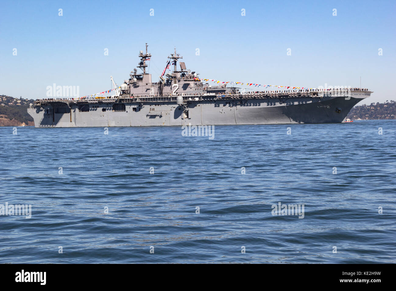 United States Navy Wasp-class amphibious assault ship USS Essex (LHD-2) on San Francisco Bay. Stock Photo