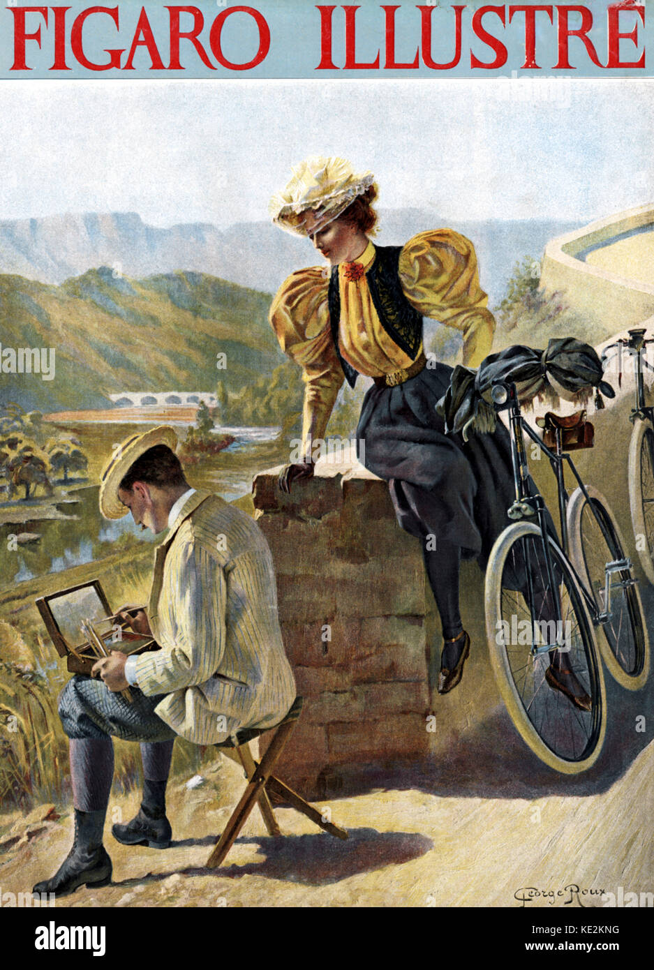 Young woman watching man paint landscape - Cover of Figaro Illustré. Woman is wearing typical 19th century outfit with leg of mutton sleeves, hat and gloves.  Man is wearing plus fours and a hat.  Their two bicycles are leaning against a low wall.    Illustration by George Roux 1853 - 1929 Stock Photo
