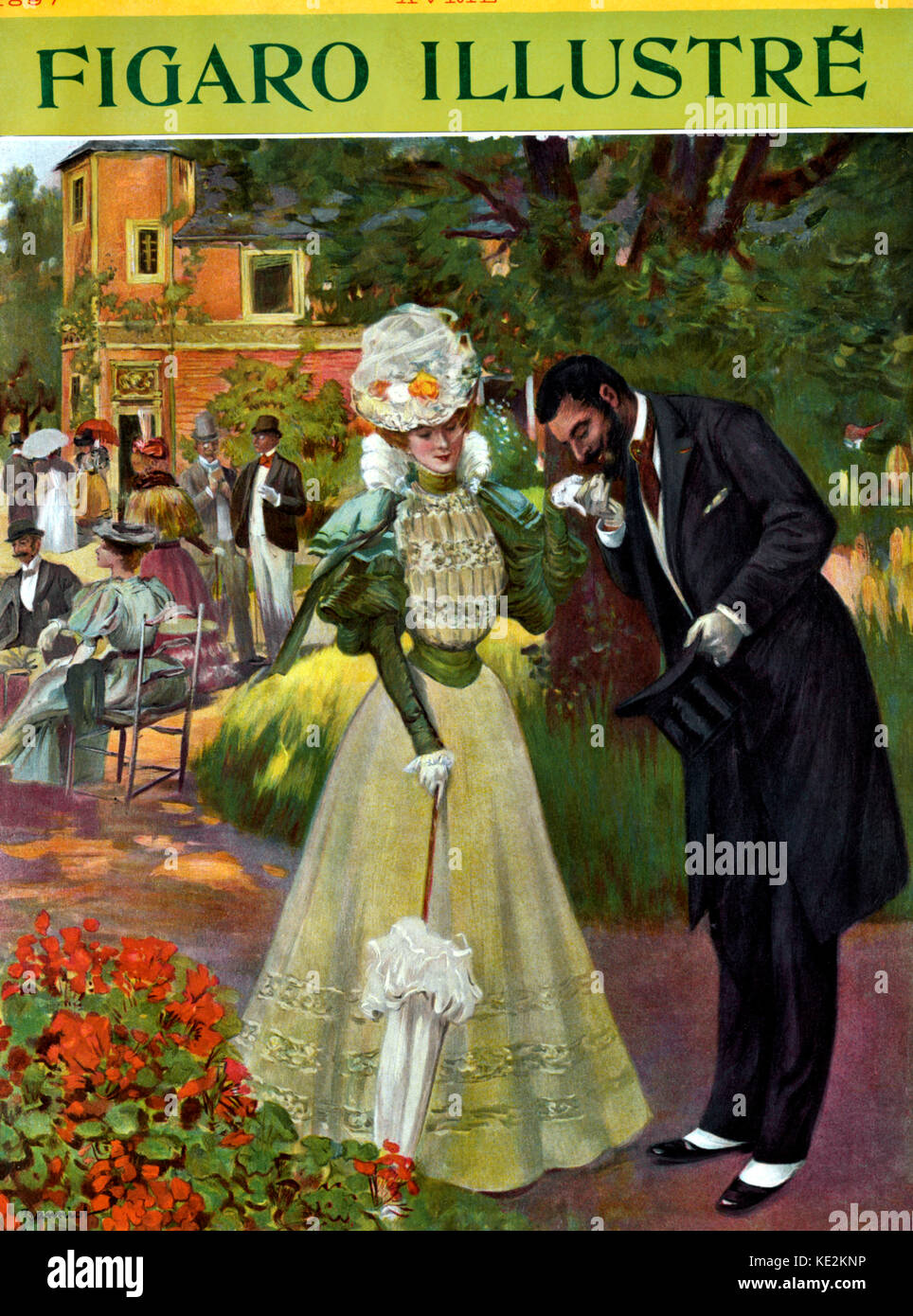 Man kissing woman's hand - Cover of Figaro Illustré, April 1897. Woman is wearing typical late 19th century dress with leg of mutton sleeves and hat and holds a parasol. Man is wearing a black suit with spats and a top hat.  Illustration by Pierre-Georges Jeanniot (French painter, 1848-1934). Stock Photo