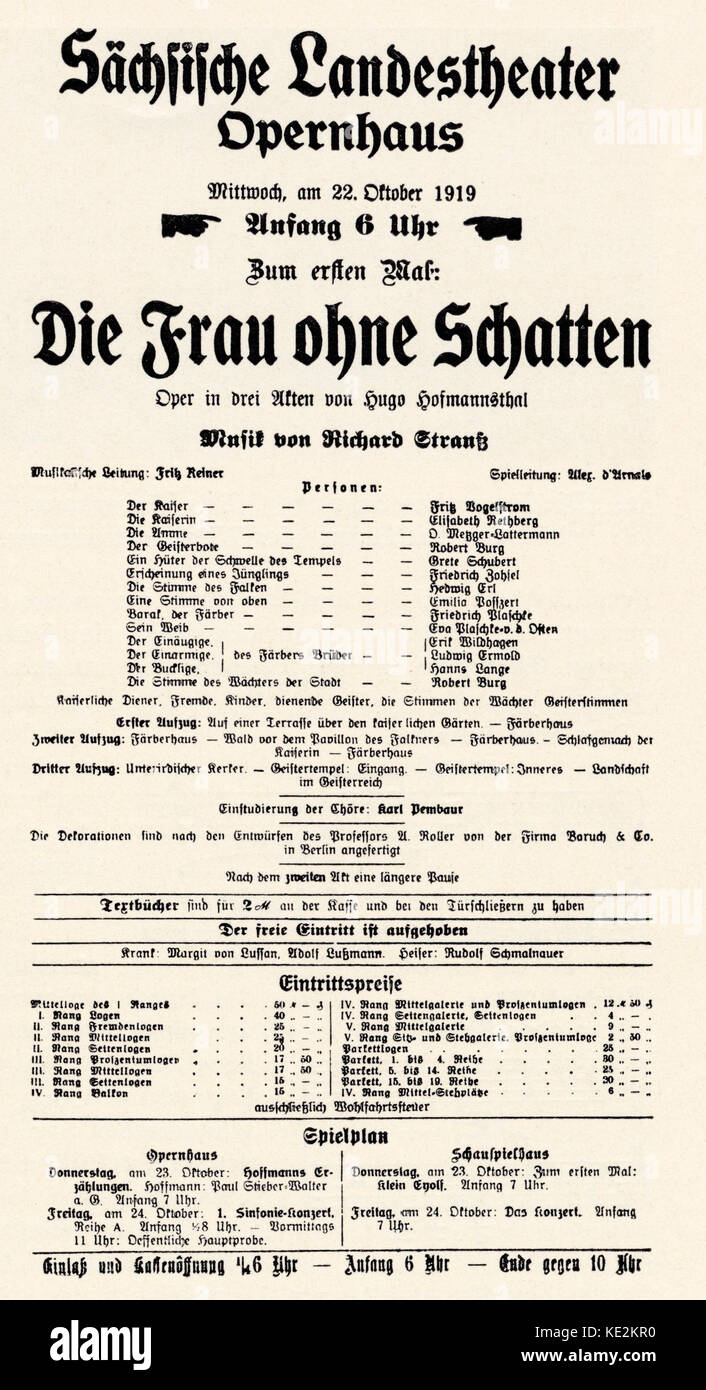 Richard Strauss 's opera 'Die Frau ohne Schatten' The Woman without a Shadow - playbill for the Dresden premiere at the Sachsische Landestheater, 22 October 1919.   German composer & conductor. 11 June 1864 - 8 September 1949. Stock Photo