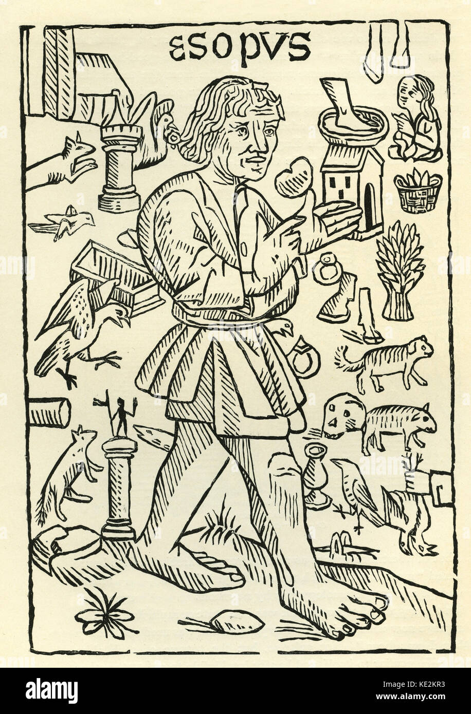 Aesop,  Æsop - frontpiece to ' Caxton's 'Fables of Æsop'. Known for his fables, was by tradition a Greek slave who lived from about 620 to 560 BC in Ancient Greece. Stock Photo