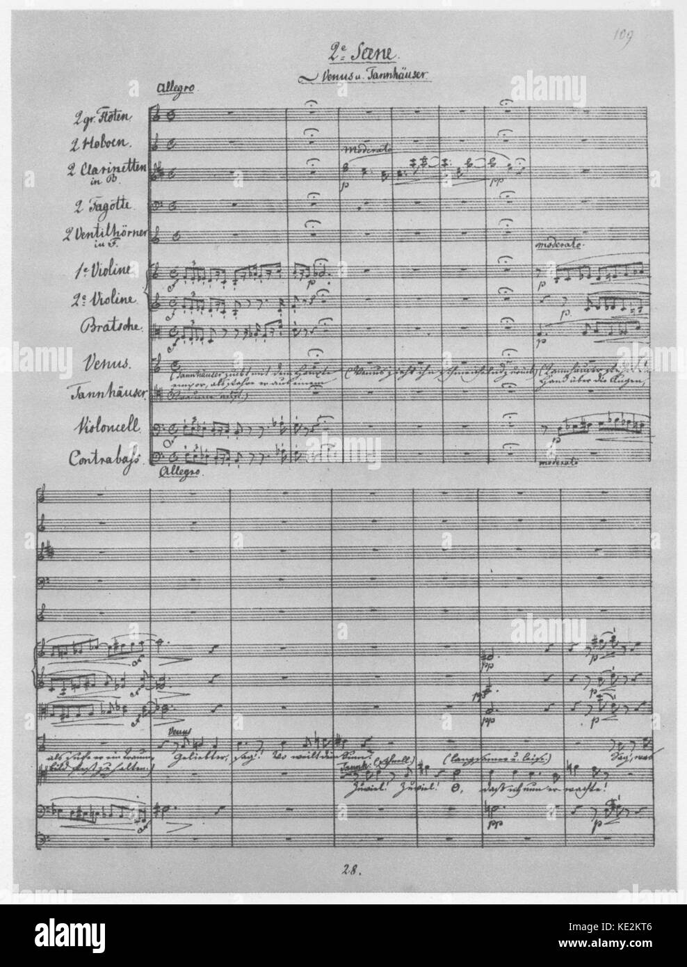 Richard Wagner 's 'Tannhäuser' . Handwritten score for scene 2. .Wagner conducted the premiere in Dresden in April 1845 with Johanna Wagner (Wagner's niece) as Elisabeth. Stock Photo