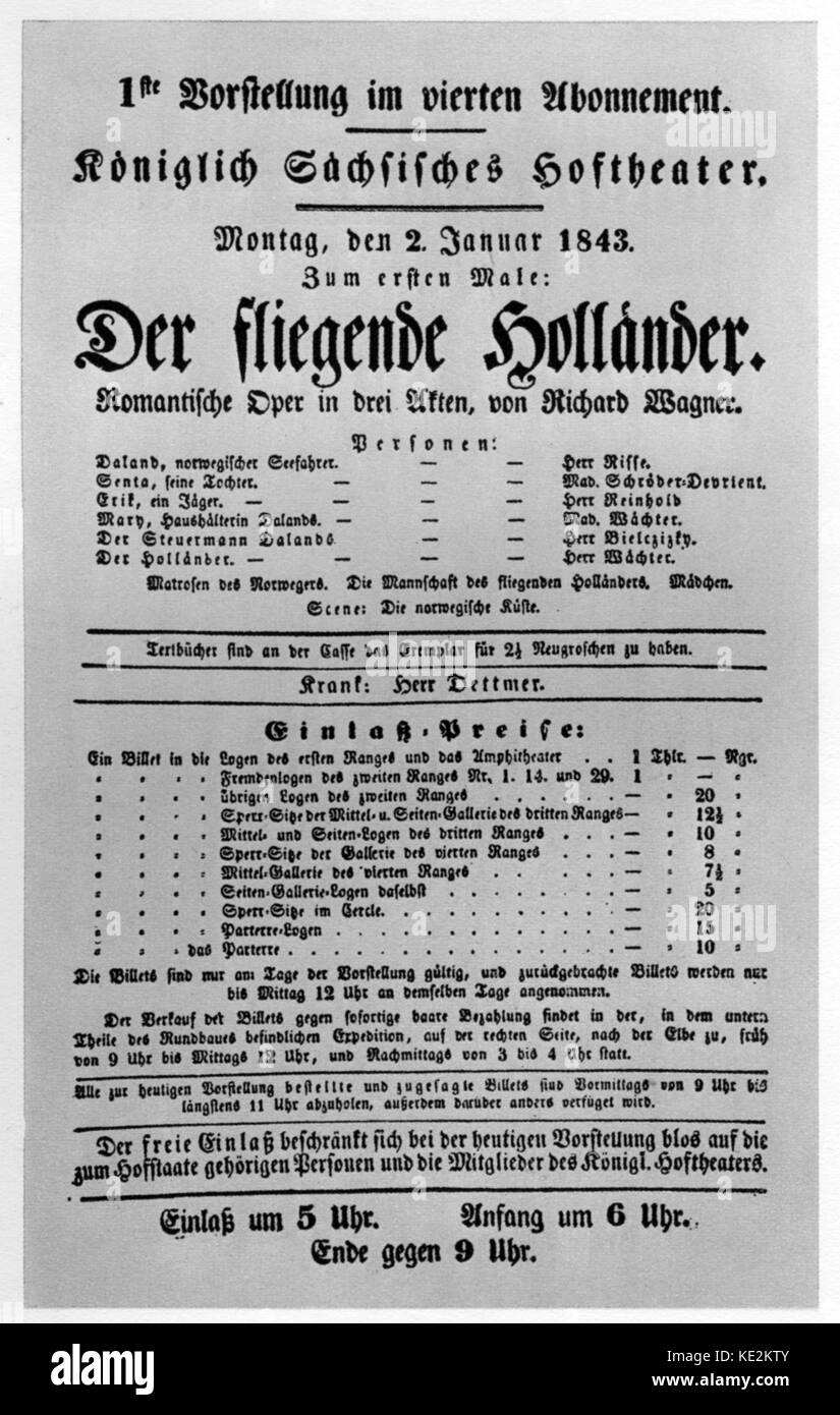 Poster for Richard Wagner 's 'Flying Dutchman'.   Dresden Premiere announcement, 2 January 1843. with Wilhelmine Schroder-Devrient in role of Senta Stock Photo