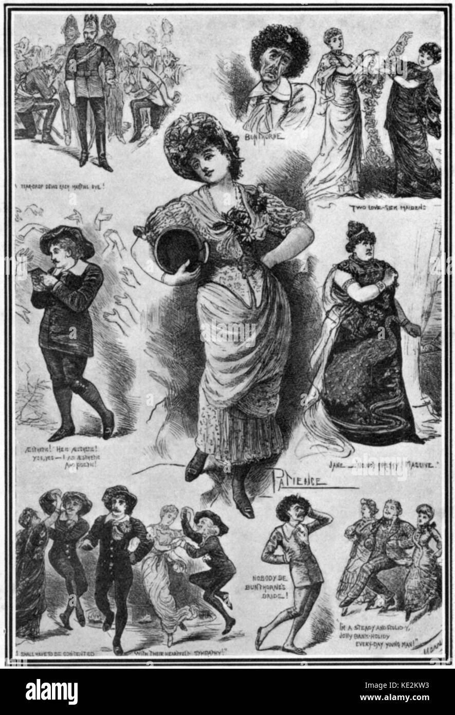 Gilbert & Sullivan 's comic operetta 'Patience'  - Premiere   23 April 1881. Drawing by Harry Furniss, showing Lady Jane, Patience, Bunthorne and others. From the 'Illustrated London News'. Librettist William S. Gilbert (1836–1911) and composer Arthur Sullivan (1842–1900). Stock Photo