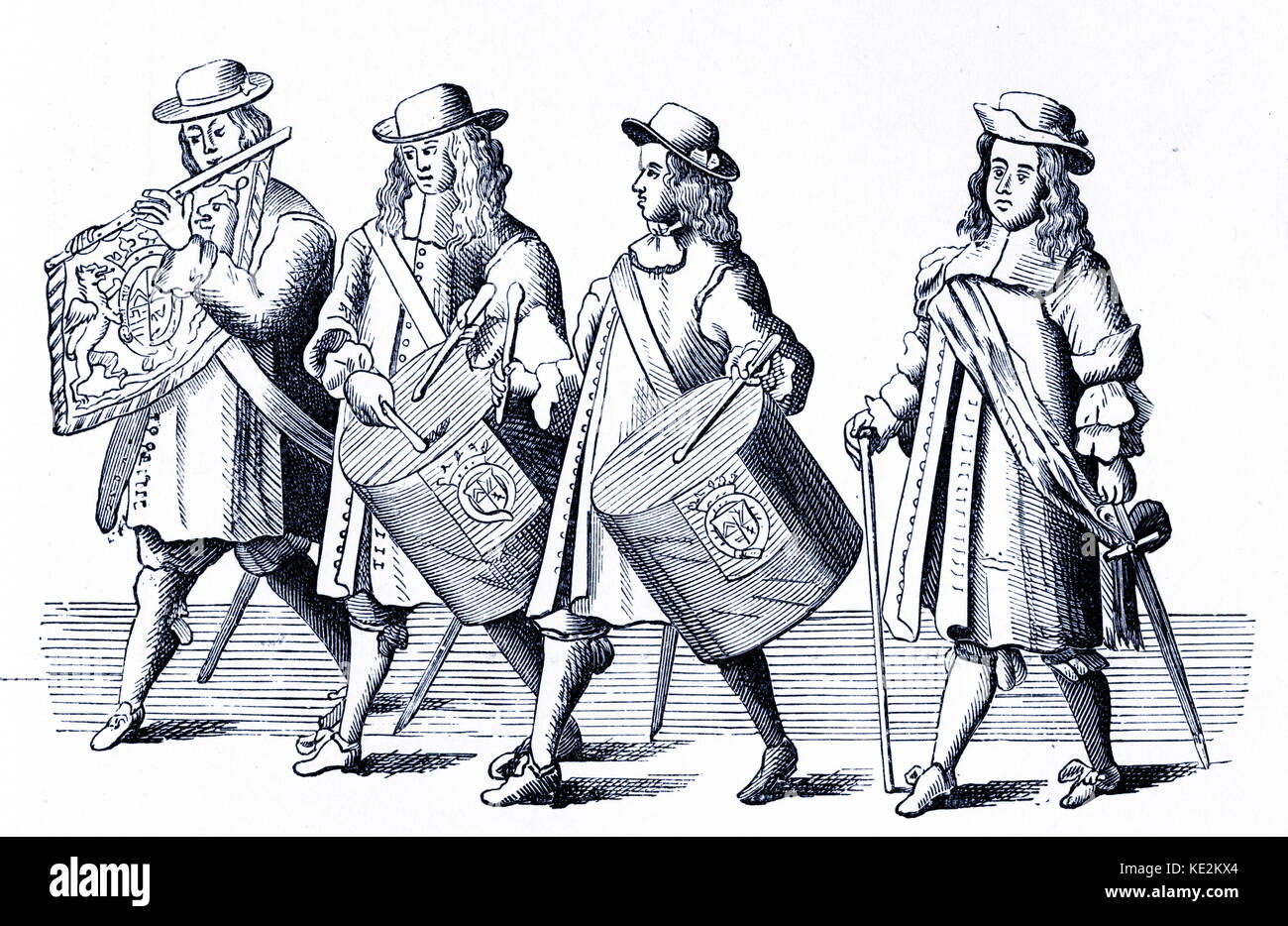 Two drum players, a fife and a drum-major. Illustration of the funeral of The Duke of Albermarle, 1670. Stock Photo