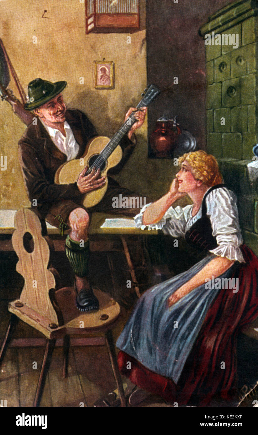 Ein lustiges lied (A lusty song) by O. Peter. Tyrolean guitar player wearing lederhosen serenading a young woman in Tyrol costume (Dirndl). Stock Photo