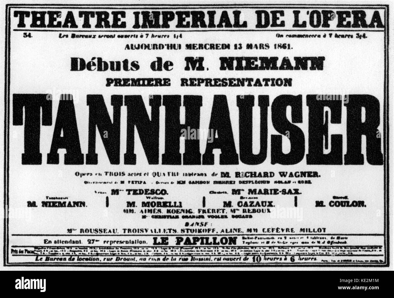 Richard Wagner 's 'Tannhäuser'. Theatre poster for the Paris premiere, 18 March 1861. Opera in three acts by Richard Wagner. Stock Photo