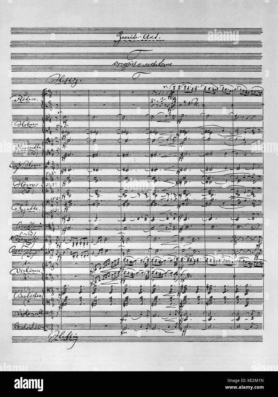 Richard Wagner 's 'Die Walküre' ('The Valkyrie'). Act 2 - page from original score. The second of the four operas in Der Ring des Nibelungen ('The Ring Cycle'), by Richard Wagner. It  premiered at the Munich Court Theatre on 26 June 1870. It is the source of the famous piece 'Ride of the Valkyries'. Stock Photo