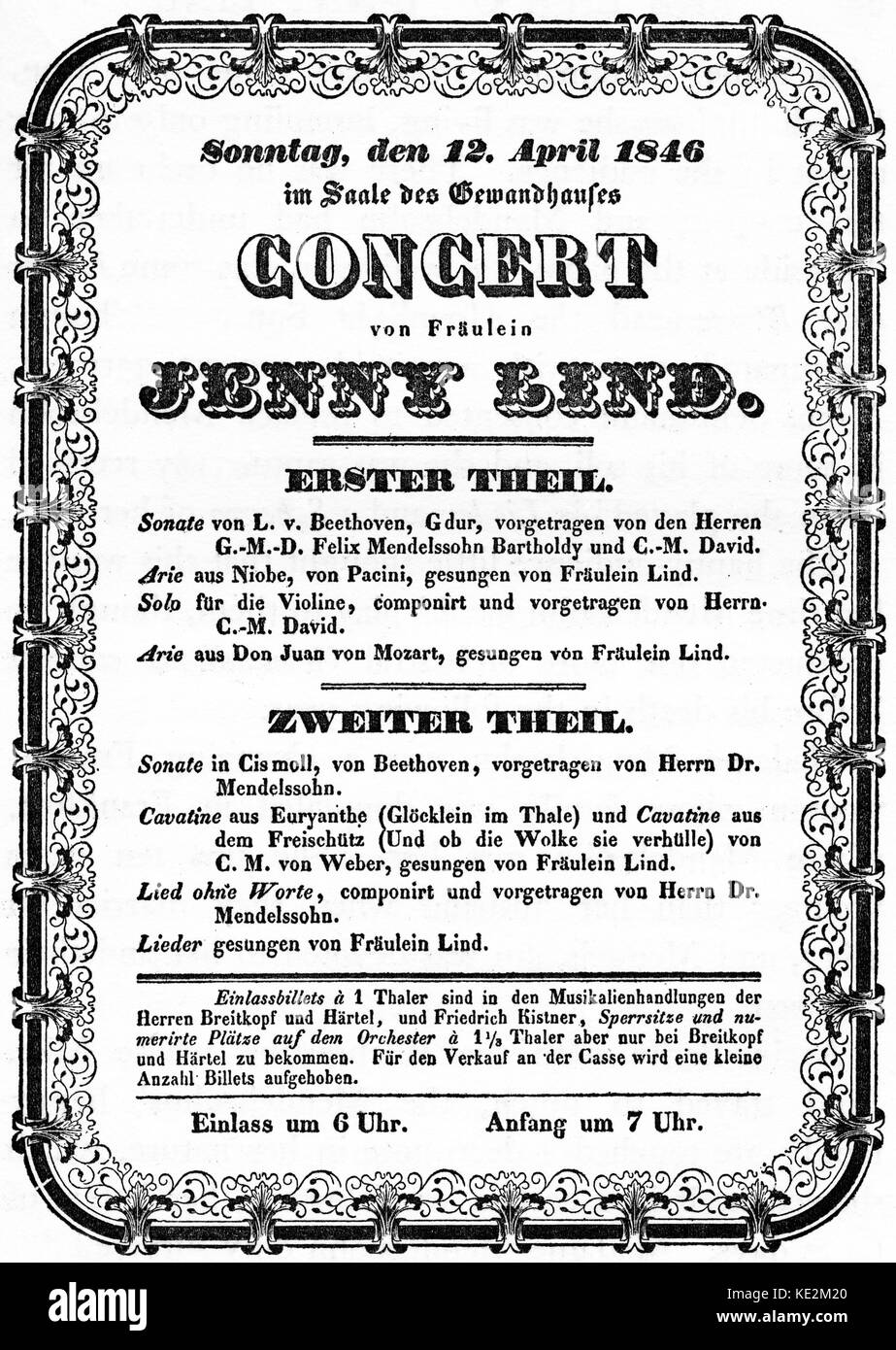 Lind, Jenny - Swedish soprano 1820-1887. Concert programme from Leipzig 12  April, 1846 Stock Photo - Alamy