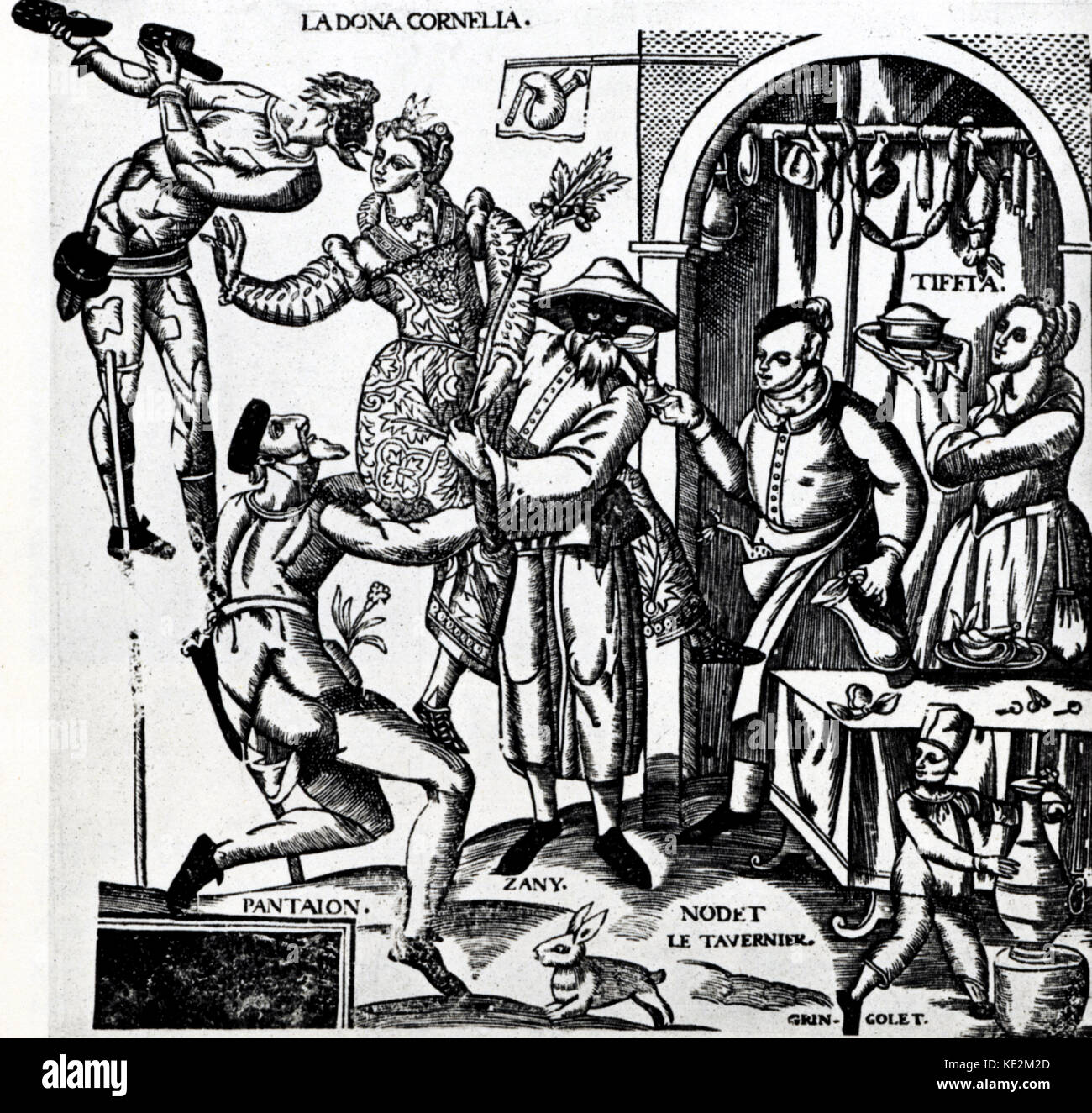 Commedia Dell ' Arte, France. (Italian: 'comedy of professional artists')  Woodcut from the album of Fasard - musician to Louis XIV. Form of  improvisational theater which began in the 16th century Stock