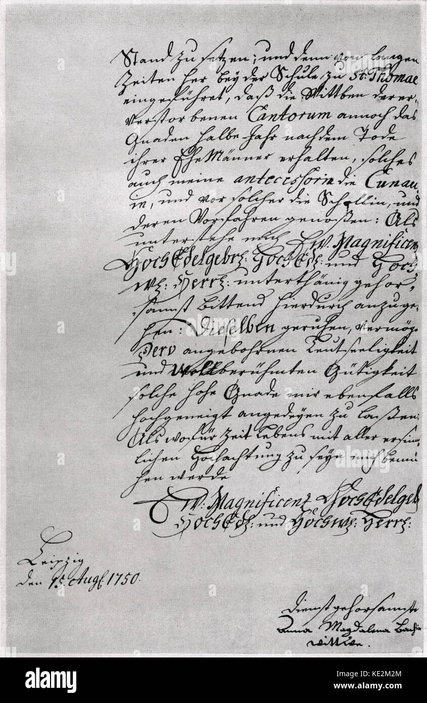 Anna Magdalena Bach, second wife of the German composer & organist Johann Sebastian Bach  - Signed letter, dated 15 August 1750, fourteen days after the burial of J.S. Bach. A plea to the town councillor to grant her the 'Gnaden-Halbjahr', the payment of the deceased salary to his heirs for six months after his death. Anna Magdalena Bach: 22 September 1701– 22 February 1760, Johann Sebastian Bach: 21 March 1685 - 28 July 1750 Stock Photo