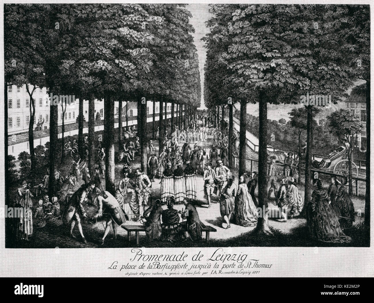 Leipzig in the time of Johann Sebastian Bach, 1777. Leisure time on the Leipzig Promenade near St. Thomas's Gate. Strolling, walking. Stock Photo