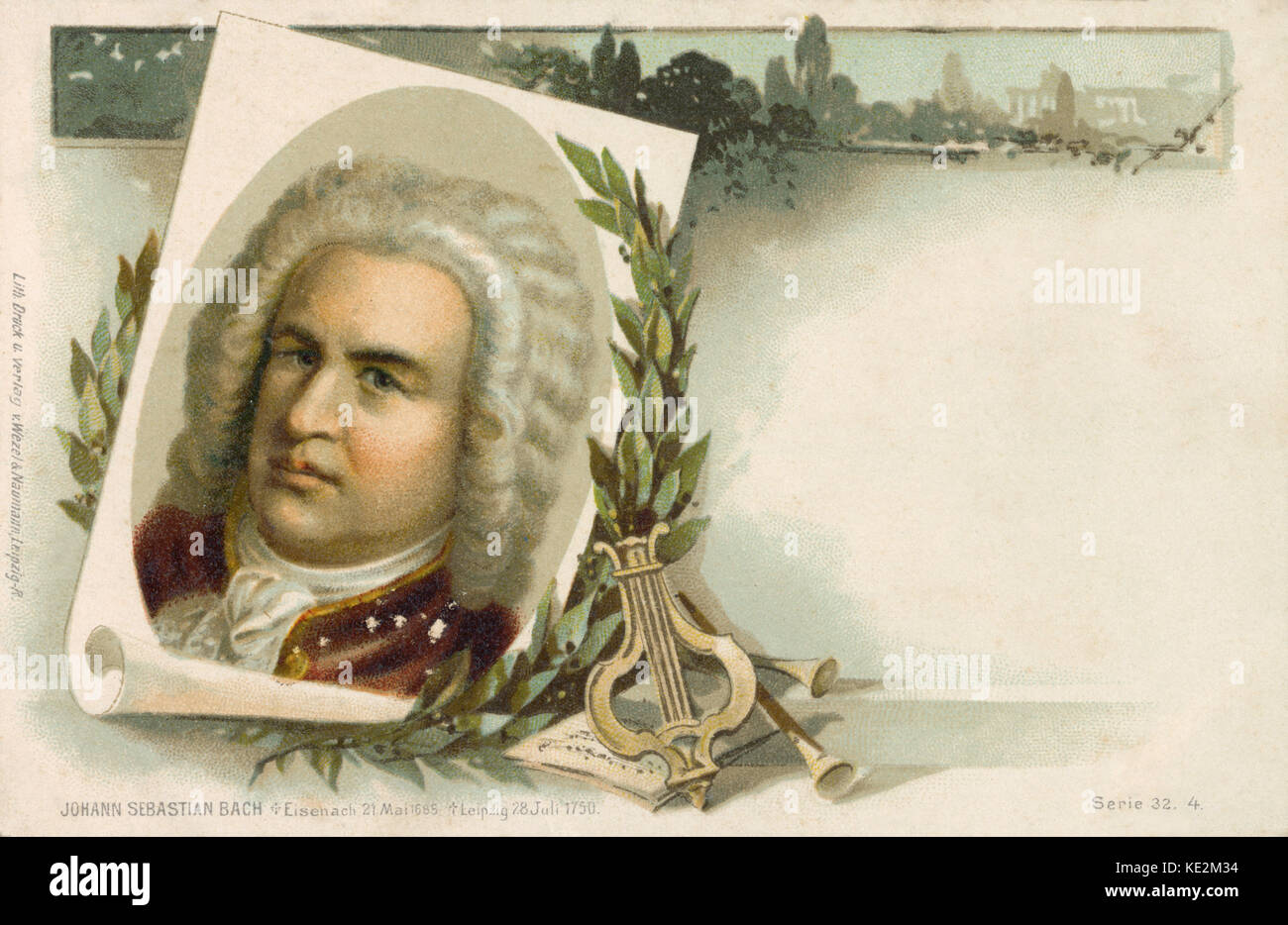 Johann Sebastian Bach - German composer and organist. Illustration on postcard with laurel wreath, instruments and score 21 March 1685 - 28 July 1750 Stock Photo