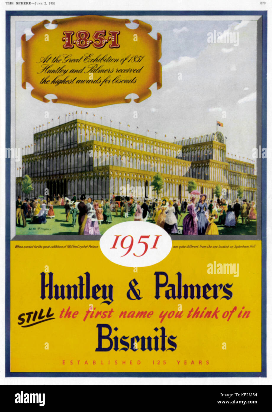 Advertisment for Huntley & Palmers Biscuts in the magazine 'the Sphere' 2 June 1951,  with illustration of Crystal Palace from The Great Exhibition in 1851. British firm of biscuit makers based in Reading, Berkshire. Founded in 1822 by Joseph Huntley as J. Huntley & Son. Stock Photo