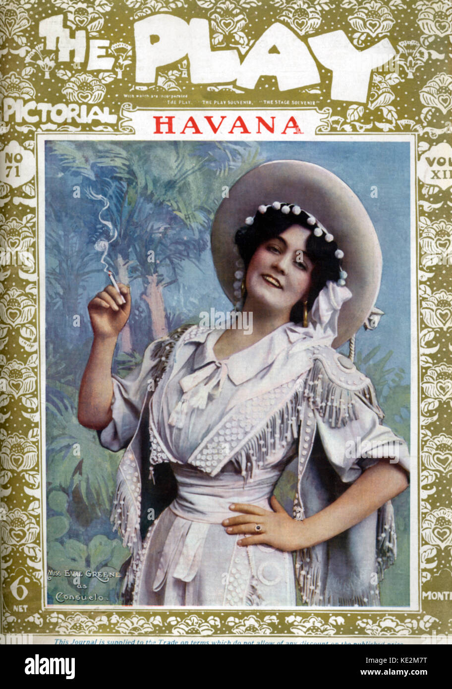 Havana - Evie Greene as Consuelo, Gaiety Theatre, London, 1908. 1878 - 11 Sepetember 1917.  Edwardian view of Cuba.  Musical by George Grossmith, Leslie Stuart, Adrian Ross, Graham Hill.  She is smoking a cigarette.  Wering a hat and shawl. Stock Photo