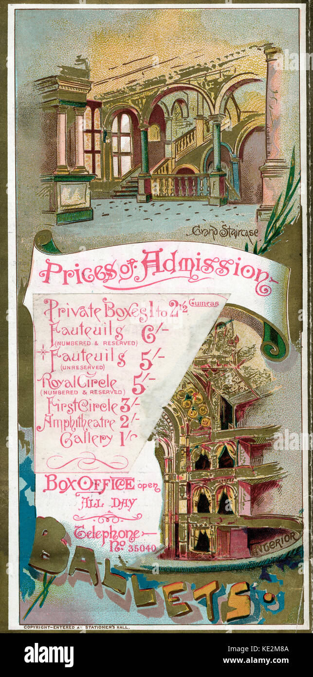 'Varieties and Novelties' - price list inside programme for a music hall show 'Open all the year round' at the Palace Theatre.  With illustration of the theatre 's interior and grand staircase. Stock Photo