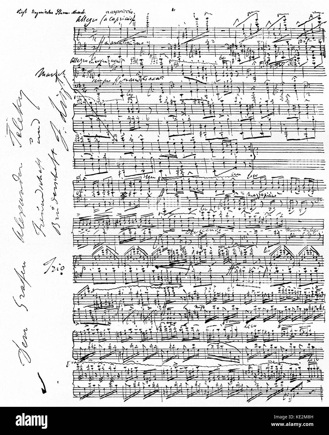 Franz Liszt 's 'Sturmmarsch / Storm March' - score page with dedication.  Hungarian pianist and composer, 22 October 1811 - 31 July 1886. Stock Photo