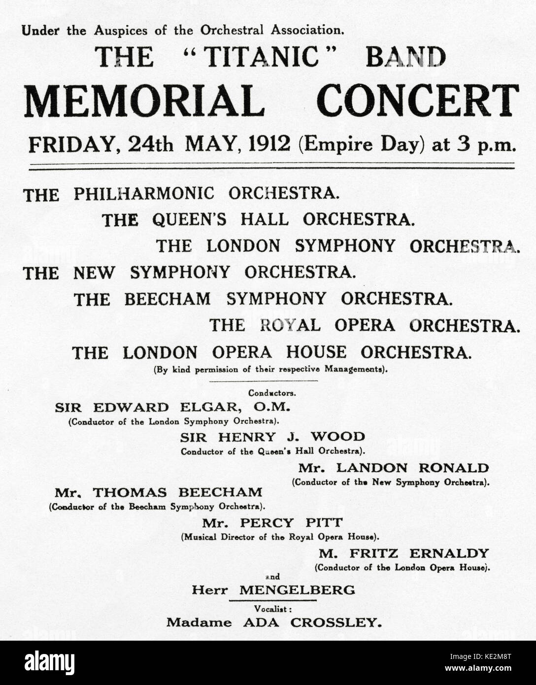 The 'Titanic' Band Memorial Concert Programme , Friday 24th May 1912 - a festival / series of concerts involving the Concertgebouw Orchestra of Amsterdam and the London orchestras: the Philharmonic, Queen's Hall Orchestra, London Symphony Orchestra, New Symphony Orchestra, Beecham Symphony Orchestra, Royal Opera Orchestra, London Opera House Orchestra, and the conductors: Edward Elgar, Sir Henry Wood, Landon Ronald, Thomas Beecham, Percy Pitt, Fritz Ernaldy, Willelm Mengelberg. Stock Photo