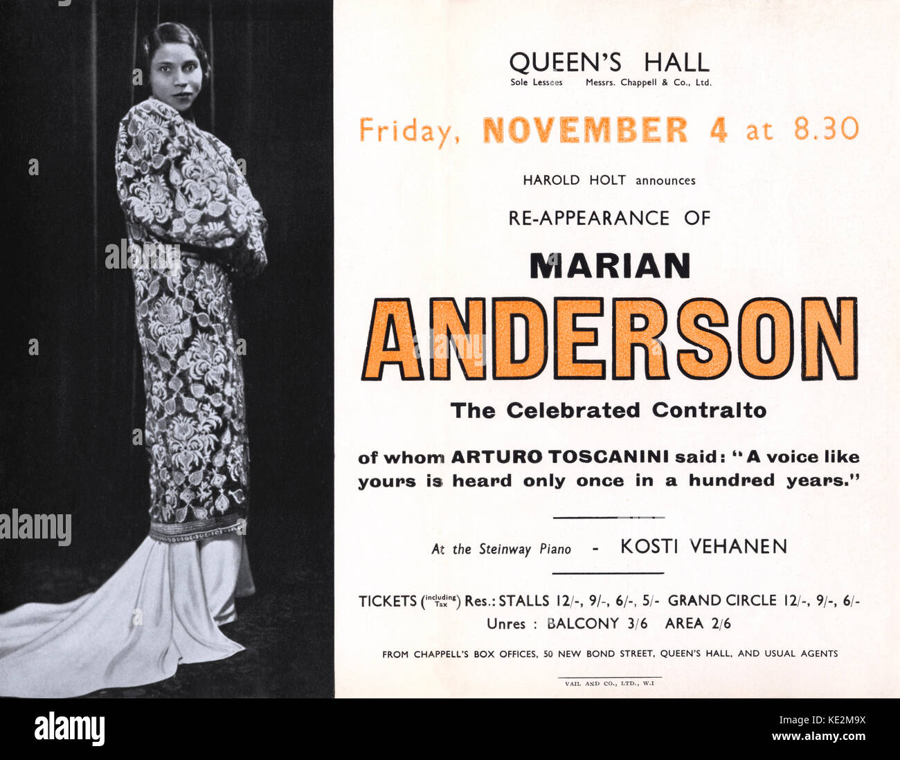 Marian Anderson - programme advert for concert performance at the Queen's Hall, 'the celebrated Contralto, of whom Arturo Toscanini said 'A voice like yours is heard only once in a hundred years'', on 4 November. Portrait in Thirties dress. MA: 17 February 1902 - 8 April 1993. Vintage realia. Stock Photo