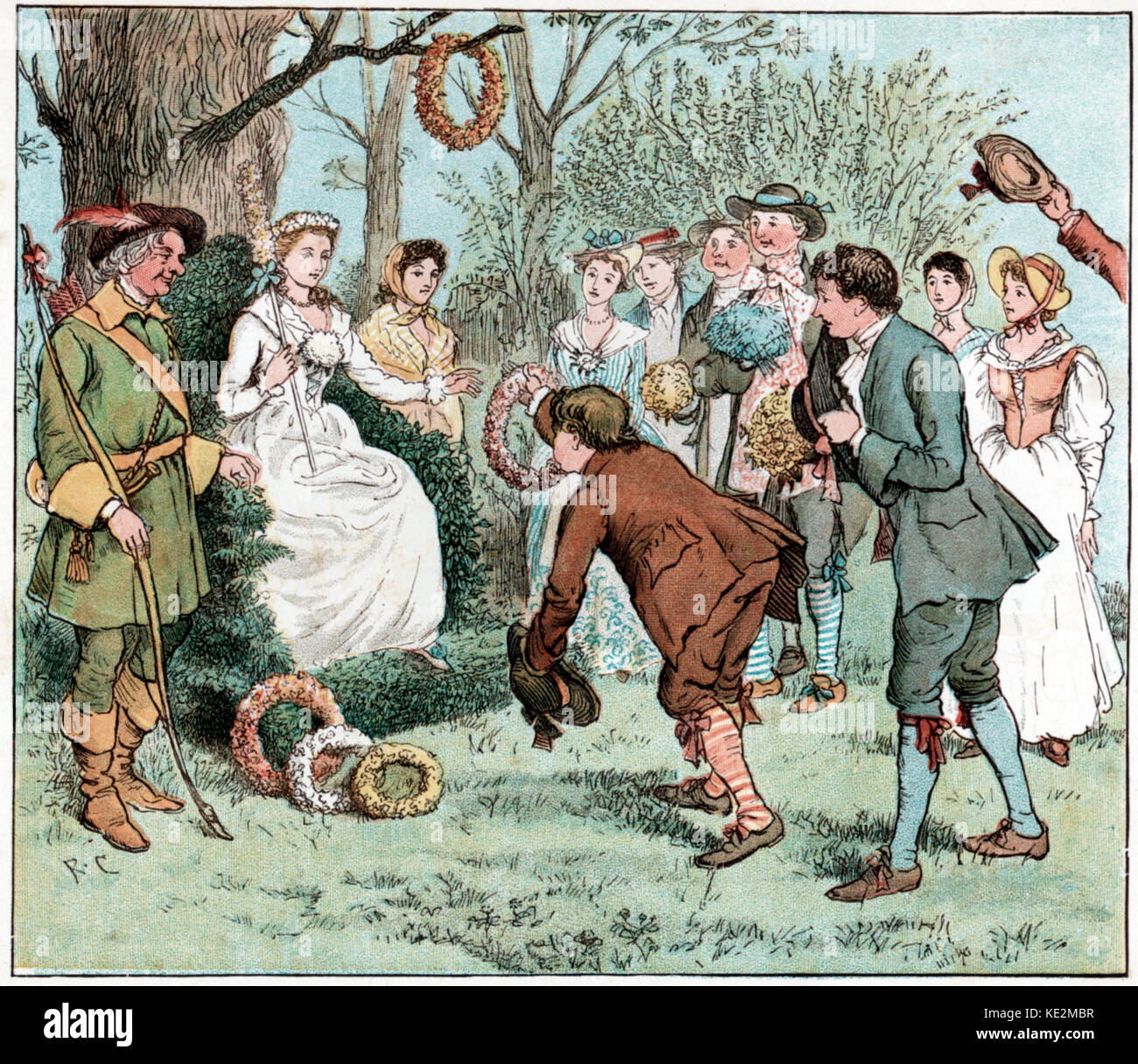 Men paying homage to the May Queen, 18th century.  By Randolph Caldecott (English illustrator, 22 March 1846 - 12 February 1886).  Bowing.  Flower wreaths.  Flowers.  Respect.  Breeches.  Gift.  Bow and arrows. Stock Photo