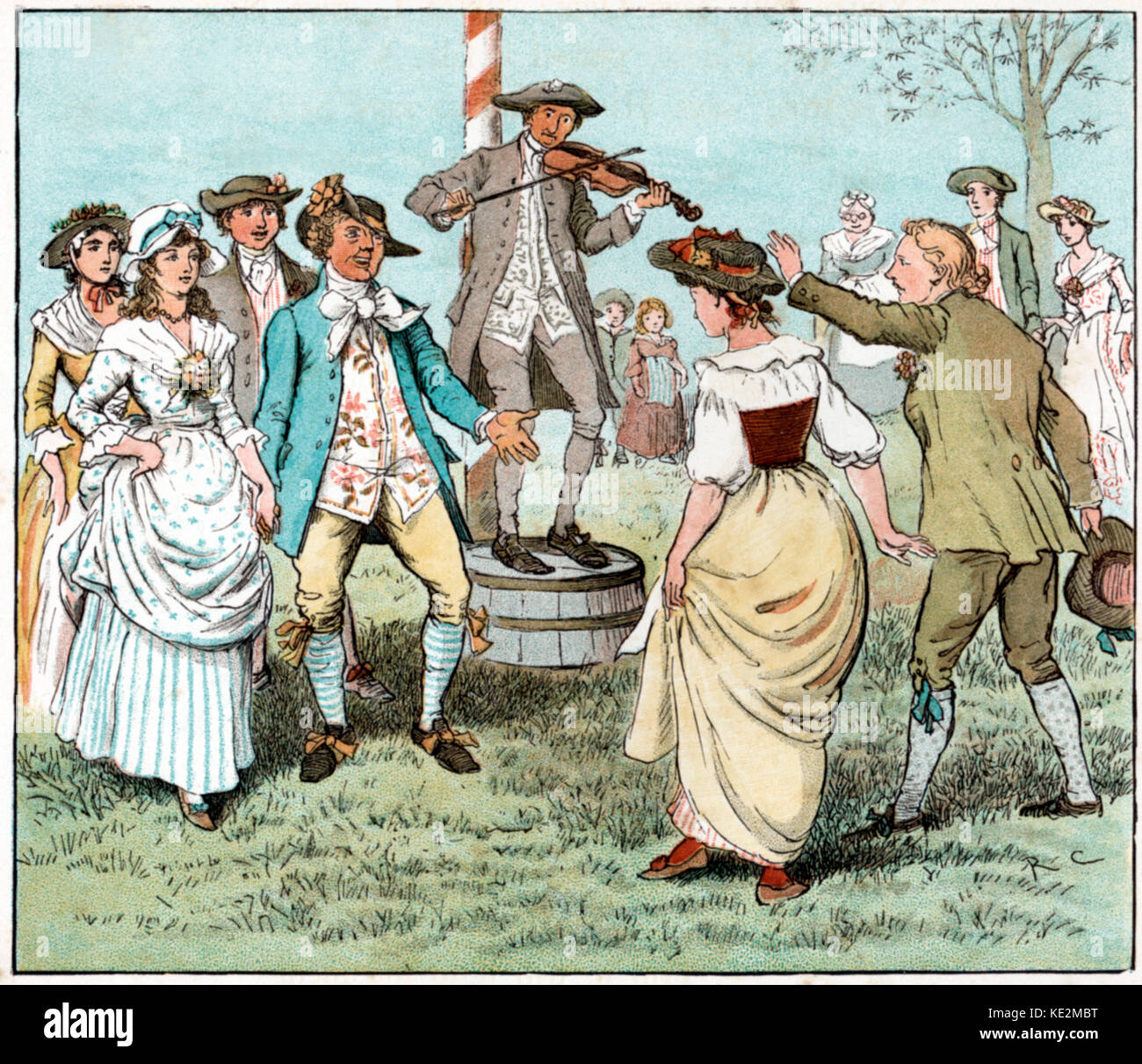 English folk dancing, 18th century.  By Randolph Caldecott (English illustrator, 22 March 1846 - 12 February 1886).  Country dancing, fiddle player, curtsey, curtsy.  Breeches Stock Photo