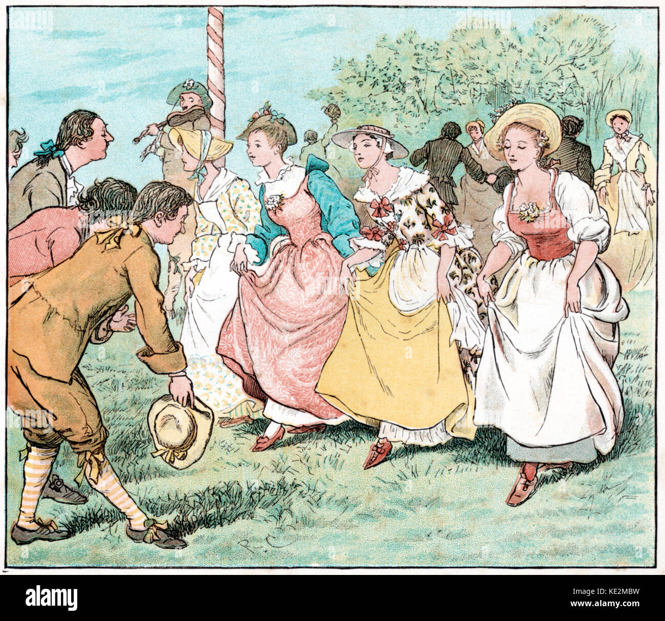English folk dancing, 18th century.  By Randolph Caldecott (English illustrator, 22 March 1846 - 12 February 1886).  Country dancing, fiddle player, bowing, curtsey, curtsy.  Breeches Stock Photo