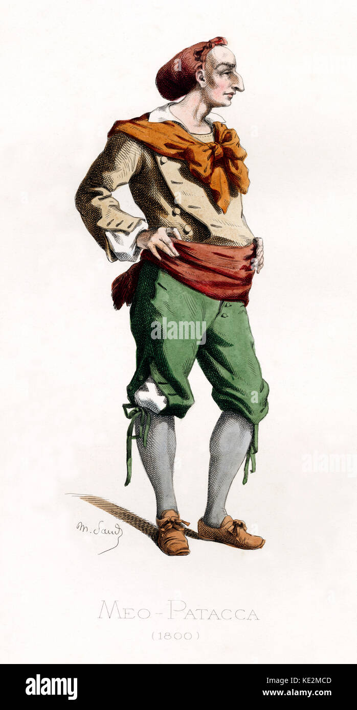 Meo - Patacca costume dated 1800 drawn by Maurice Sand, published in 1860. Commedia dell' Arte character  from Rome wearing a hat. Stock Photo