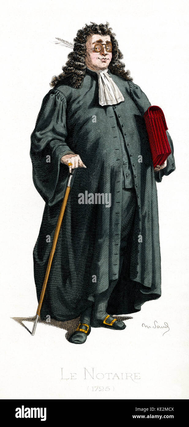 Le Notaire / Notary costume dated 1725 drawn by Maurice Sand, published in 1860. Commedia dell' Arte character from wearing a black robe, wig and glasses.  With cane and portfolio.  Inspiration for  Molière 's character. Stock Photo